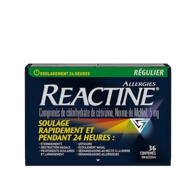 Réactine Comprimés antiallergiques régulier, chlorhydrate de ctirizine  5 mg,  soulagement 24 h 36 ea, 0,78 $/1ch