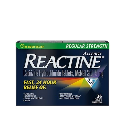 Réactine Comprimés antiallergiques régulier, chlorhydrate de ctirizine  5 mg,  soulagement 24 h 36 ea, 0,78 $/1ch