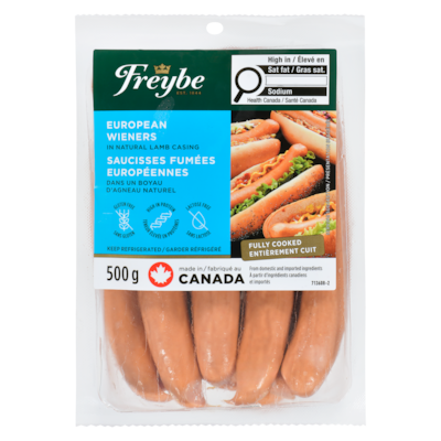 Freybe Saucisses fumées à l’européenne 500 g, 23,98 $/1kg 2,40 $/100g