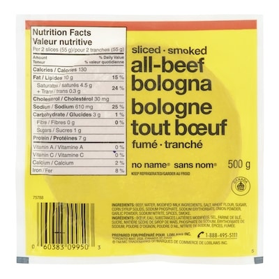 No Name Beef Bologna, Sliced 500 g, $14.58/1kg $1.46/100g