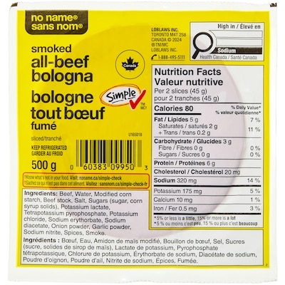 Sans Nom Saucisson de Bologne au bœuf en tranches 500 g, 12,00 $/1kg 1,20 $/100g