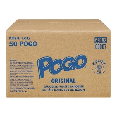 Pogo Original saucisses fumées enrobées de pâte cuites sur un bâton, caise 3.75 kg, 1,12 $/100g