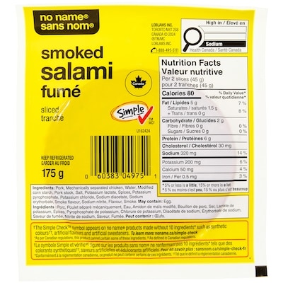 Sans Nom Salami fumé tranché 175 g, 17,14 $/1kg 1,71 $/100g