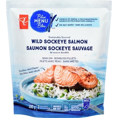 PC Blue Menu Wild Sockeye Salmon Sustainably Sourced, Skin-On Boneless Fillets 280 g, $6.43/100g