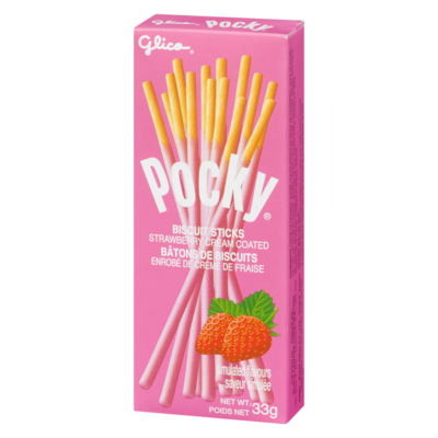 Bâtonnets de biscuits enrobés de crème à la fraise