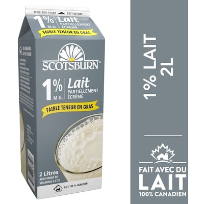 Scotsburn Lait partiellement écrémé 1 % 2 l, 0,23 $/100ml