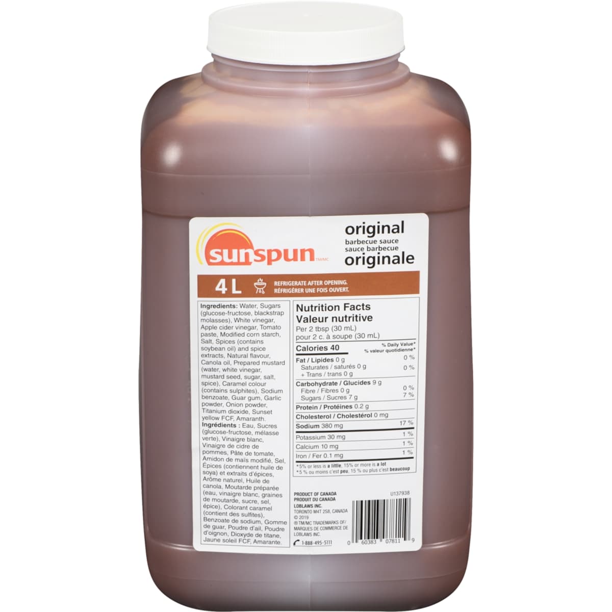 Sunspun Sauce barbecue originale 4 l, 0,47 $/100ml