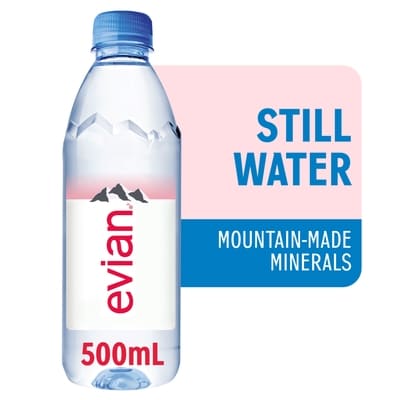 Evian Water 500 ml, $0.66/100ml