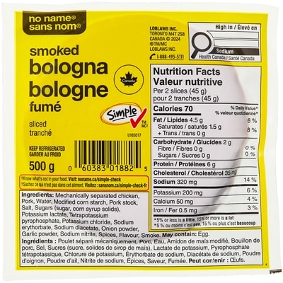 No Name Bologna, Sliced 500 g, $10.00/1kg $1.00/100g