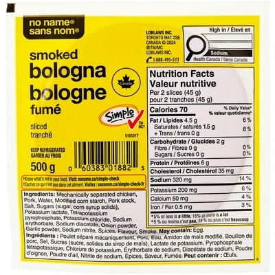 No Name Sliced Smoked Bologna 500 g, $12.00/1kg $1.20/100g