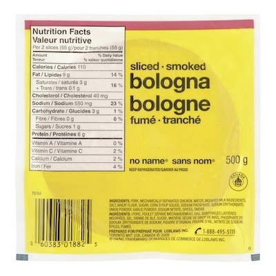 No Name Bologna, Sliced 500 g, $10.00/1kg $1.00/100g