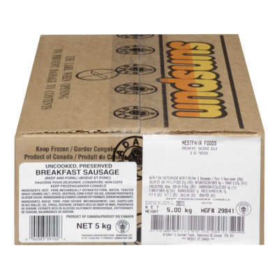 Sunspun Breakfast Sausages, Frozen, case 5 kg, $1.00/100g