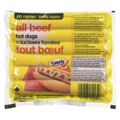 No Name All-Beef Wieners 450 g, $1.56/100g