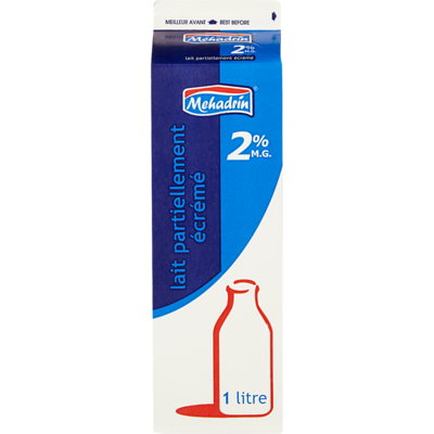 Mehadrin Lait 2 % casher 1 l, 0,36 $/100ml