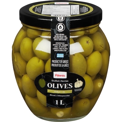 Pilaros Olives vertes farcies à l’ail 1 l, 1,30 $/100ml