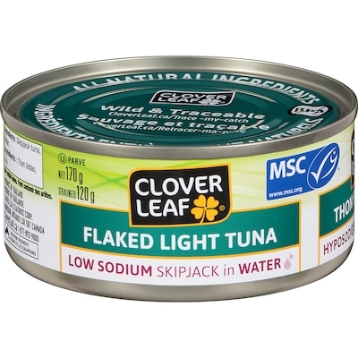 Clover Leaf Flaked Light Tuna, In Water, Low Sodium 170 g, $1.29/100g