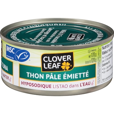 Clover Leaf Thon pâle émietté dans l’eau faible en sodium 170 g, 1,29 $/100g