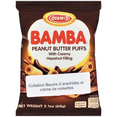 Osem Grignotine aux arachides à la crème de noisettes Bamba casher 60 g, 4,65 $/100g