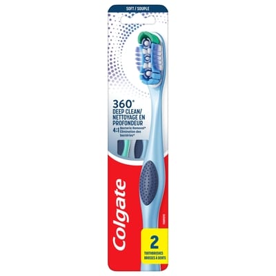 Colgate Brosse à dents 360 Nettoyage en profondeur, soies souples, lot de 2 2x1.0 ea, 6,25 $/1ch