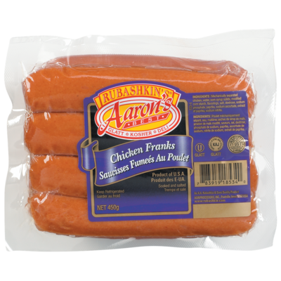 Aaron's Best Kosher Chicken Hot Dogs   450 g, $1.89/100g