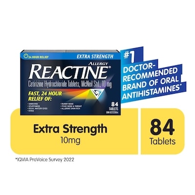 Réactine Extra fort Allergies, comprimés à 10 mg de chlorhydrate de cétirizine 84 ea, 0,69 $/1ch