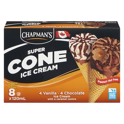 Chapmans Super Cone Chocolate and Vanilla Ice Cream with Caramel Centre 8x120.0 ml, $0.88/100ml