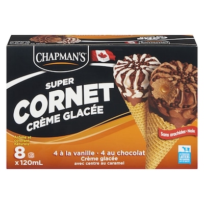 Chapman’s Super Cornet crème glacée chocolate et vanille avec centre caramel 8x120.0 ml, 0,86 $/100ml