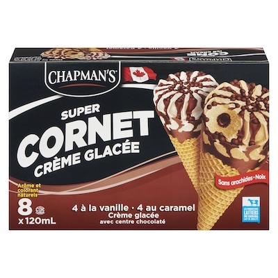 Chapman’s Super Cornet crème glacée caramel et vanille avec centre chocolat 8x120.0 ml, 0,88 $/100ml