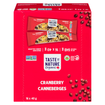 Taste of Nature Organic Food Bar, Quebec Cranberry Carnival  16x40.0 g, $4.37/100g