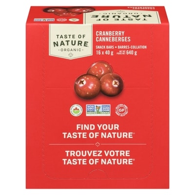 Taste of Nature Barre alimentaire biologique Québec Cranberry Carnival 16x40.0 g, 4,37 $/100g