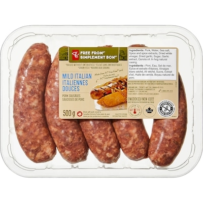 President's Choice Free From Mild Italian Pork Sausages 500 g, $1.80/100g