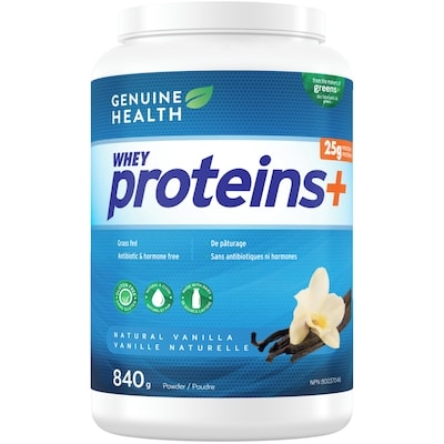 Genuine Health whey proteins+, vanille naturelle, poudre de protéines 840 g, 8,03 $/100g