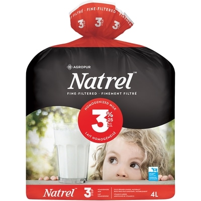 Natrel Lait homogénéisé 3,25 % finement filtré (sacs) 4 l, 0,22 $/100ml
