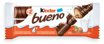 Kinder Barres BUENO au chocolat au lait et à la crème aux noisettes; un paquet individuel contient 2 barres emballées individuellement 43 g, 4,63 $/100g
