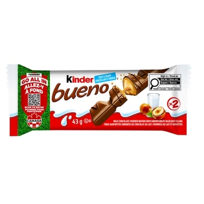 Kinder BUENO barre de gaufrettes croustillantes enrobées de chocolat au lait, avec de la crème aux noisettes, 2 barres-gaufrettes emballées individuellement par paquet 43 g, 4,65 $/100g