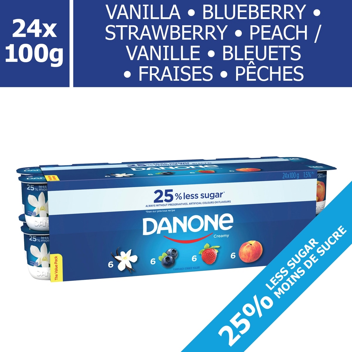 Danone Creamy Yogurt Variety Pack, Strawberry / Peach / Vanilla / Blueberry 24x100.0 g, $0.50/100g