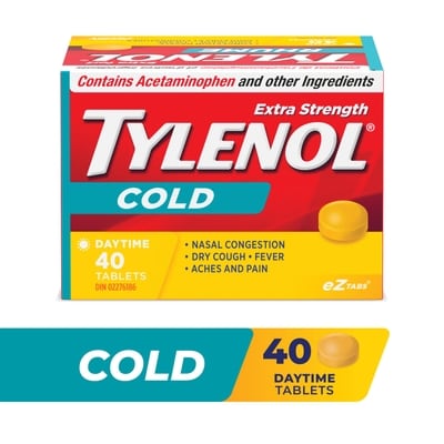 Tylenol Extra fort Rhume jour, comprimés FaciliT, 500 mg d'acétaminophène 40 ea, 0,47 $/1ch