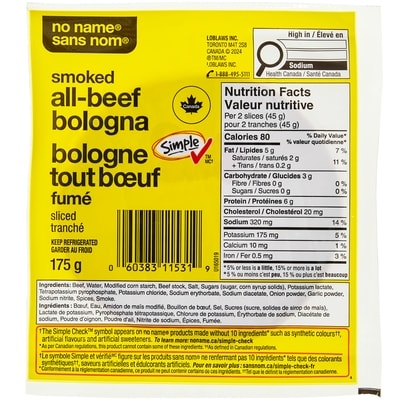 Sans Nom Bologne tout bœuf tranché 175 g, 17,14 $/1kg 1,71 $/100g