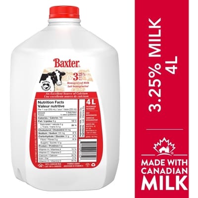 Baxter 3.25% Homogenized Milk 4 l, $0.22/100ml