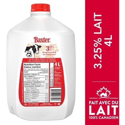 Baxter Lait homogénéisé 3,25 % 4 l, 0,22 $/100ml