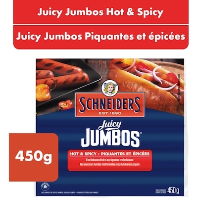 Schneiders Juicy Jumbos Hot & Spicy Hot Dogs 450 g, $2.22/100g