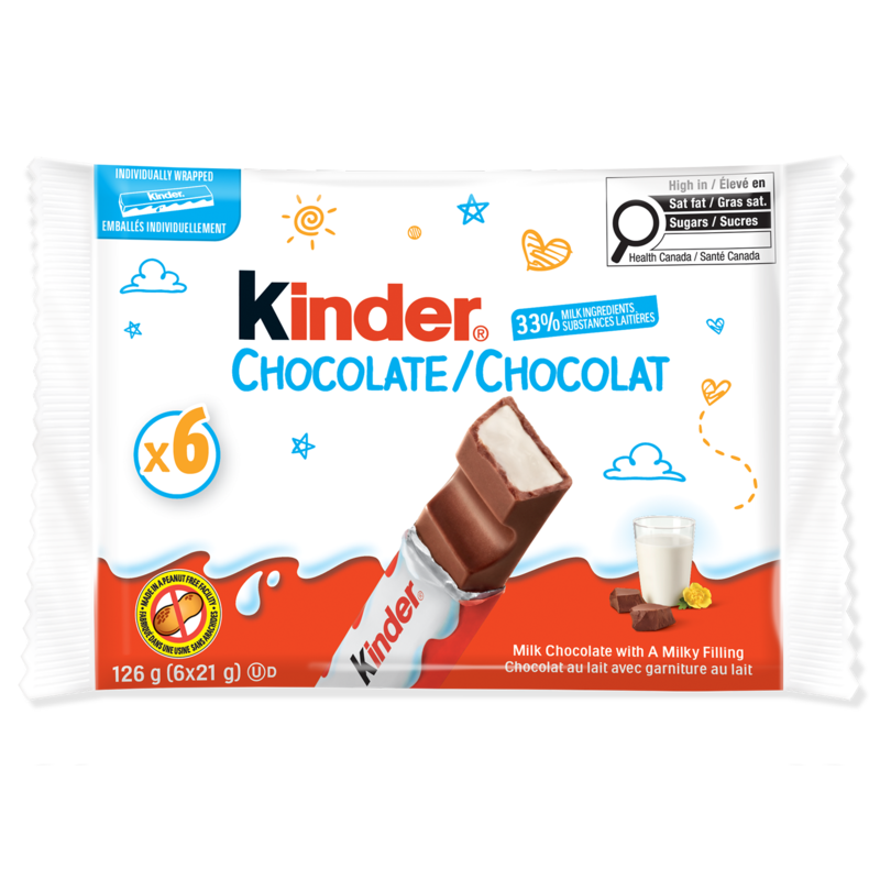 CHOCOLATE/CHOCOLAT bar, Milk Chocolate Candy bar with a Milky Filling, 6-Pack, Individually Wrapped bars