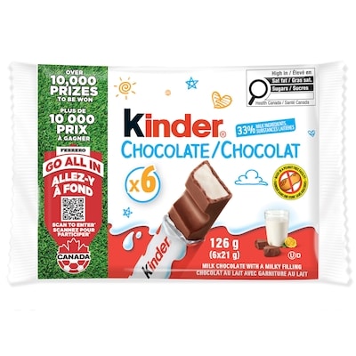 Kinder CHOCOLATE/CHOCOLAT Milk Chocolate Bar With A Milky Filling, 6 Individually Wrapped Bars Per Pack 126 g, $4.36/100g
