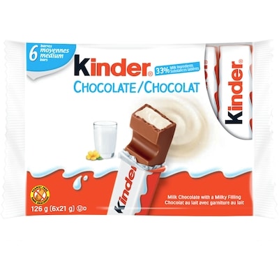 Kinder Barre CHOCOLATE/CHOCOLAT, barre de chocolat au lait avec une garniture au lait, paquet de 6, barres emballées individuellement 126 g, 4,36 $/100g