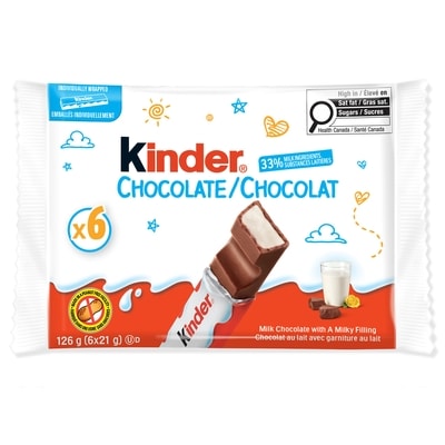 Kinder CHOCOLATE/CHOCOLAT, barre de chocolat au lait avec une garniture au lait, 6 barres emballées individuellement par paquet 126 g, 4,60 $/100g