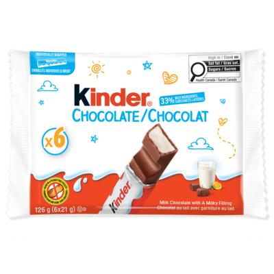 Kinder Barre CHOCOLATE/CHOCOLAT, barre de chocolat au lait avec une garniture au lait, paquet de 6, barres emballées individuellement 126 g, 4,36 $/100g