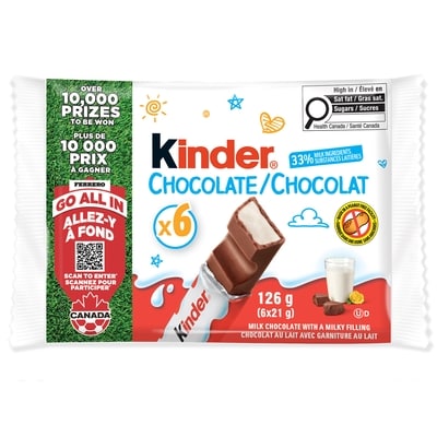 Kinder CHOCOLATE/CHOCOLAT, barre de chocolat au lait avec une garniture au lait, 6 barres emballées individuellement par paquet 126 g, 4,36 $/100g