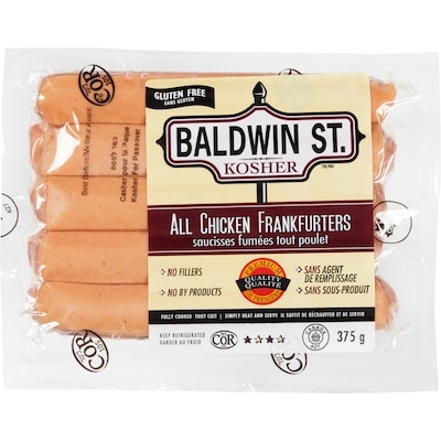 Baldwin St. Saucisses de Francfort au poulet casher 375 g, 3,20 $/100g