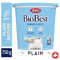 Astro Yogourt nature probiotique sans lactose biobest 1 % 750 g, 0,44 $/100g