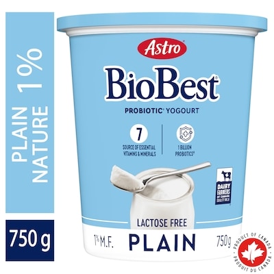 Astro Yogourt nature probiotique sans lactose biobest 1 % 750 g, 0,71 $/100g